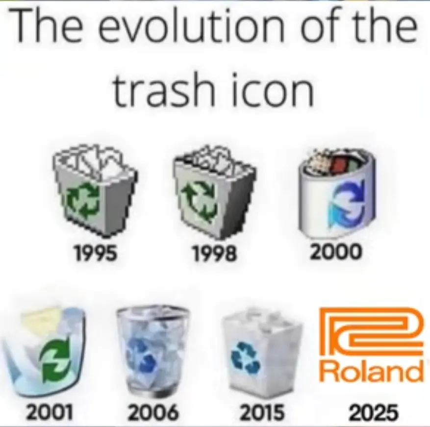 A meme with the title evolution of trash icon 
Which starts with windows in the 1995 and ends with Roland in 2025
